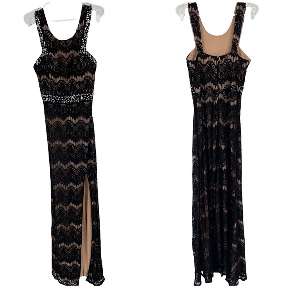 CITY TRIANGLES BLACK LACE EMBELLISHED FRONT SIDE SLIT LONG MAXI PROM DRESS 9 - Picture 2 of 7